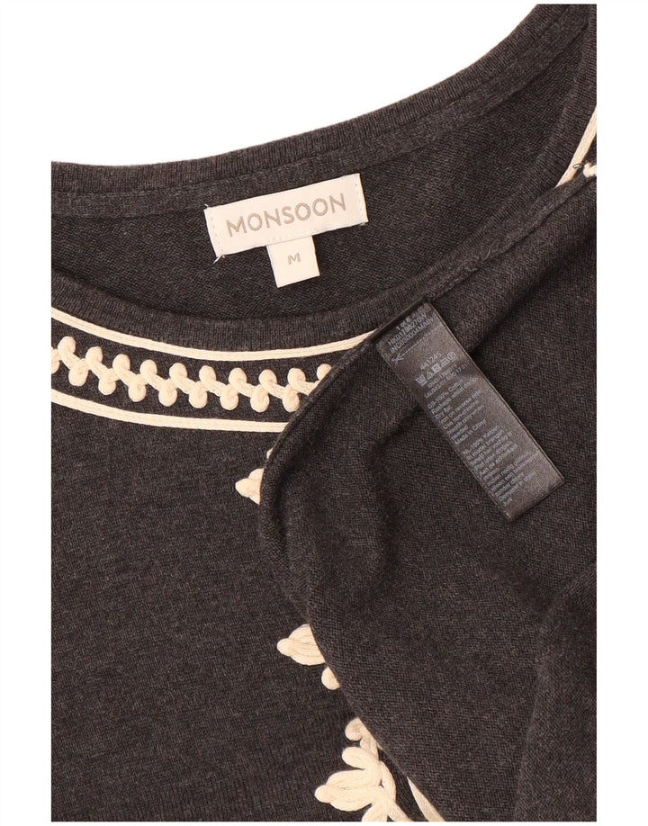 MONSOON Γυναικείο φόρεμα 3/4 με μανίκια UK 12 μεσαίο γκρι βαμβακερό