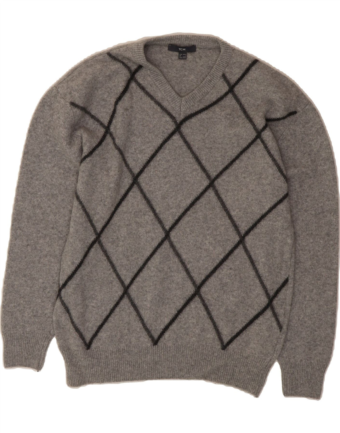 TCM Mens V-Neck Jumper Sweater Large Grey Argyle/Diamond Virgin Wool Vintage TCM and Second-Hand TCM from Messina Hembry 