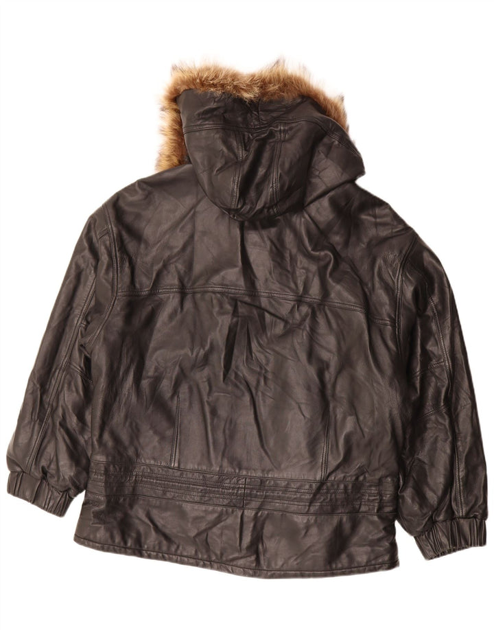 Vintage Γυναικείο Δερμάτινο Μπουφάν Oversized με Κουκούλα IT 48 XL Μαύρο Δερμάτινο