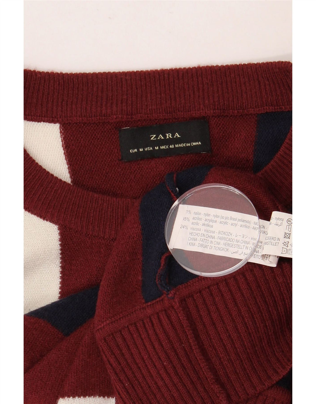 Ανδρικό πουλόβερ ZARA με λαιμόκοψη, μεσαίο μπορντό ριγέ νάιλον