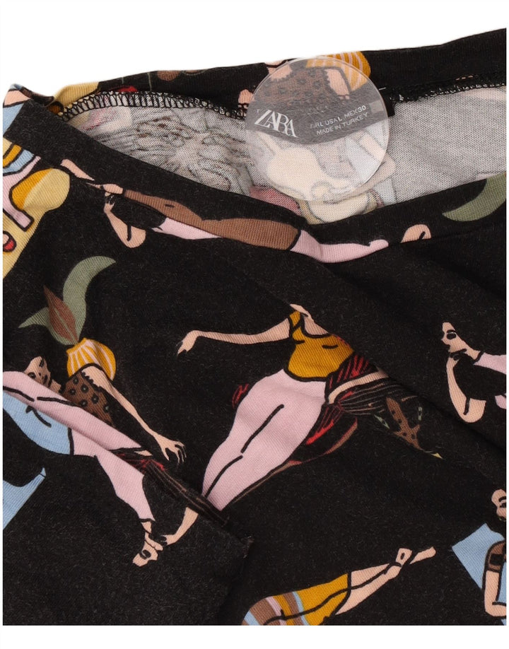 Zara Γυναικείο γραφικό T-Shirt Top UK 16 Large Black