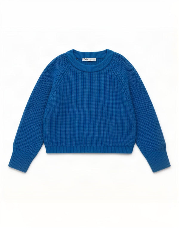 Zara Γυναικείο πουλόβερ με λαιμόκοψη Crop Crop UK 10 Small Blue Acrylic