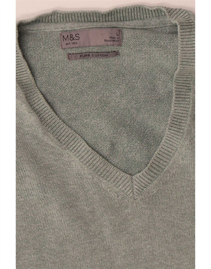 Marks & Spencer Ανδρικό πουλόβερ με λαιμόκοψη με λαιμόκοψη μεγάλο πράσινο βαμβακερό