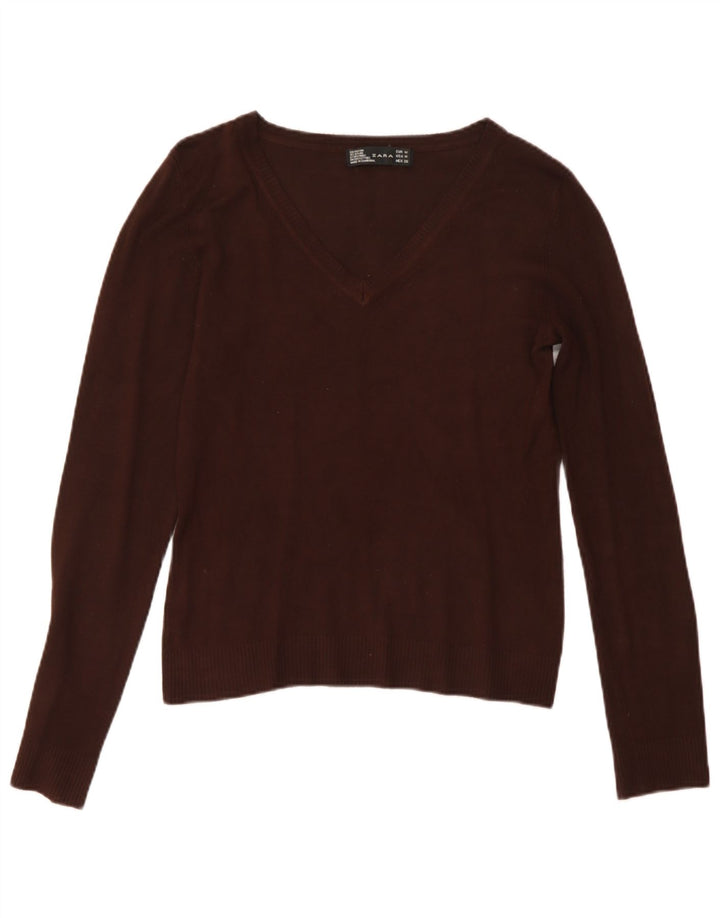 Zara Γυναικείο πουλόβερ με V λαιμόκοψη UK 12 Medium Brown Rayon
