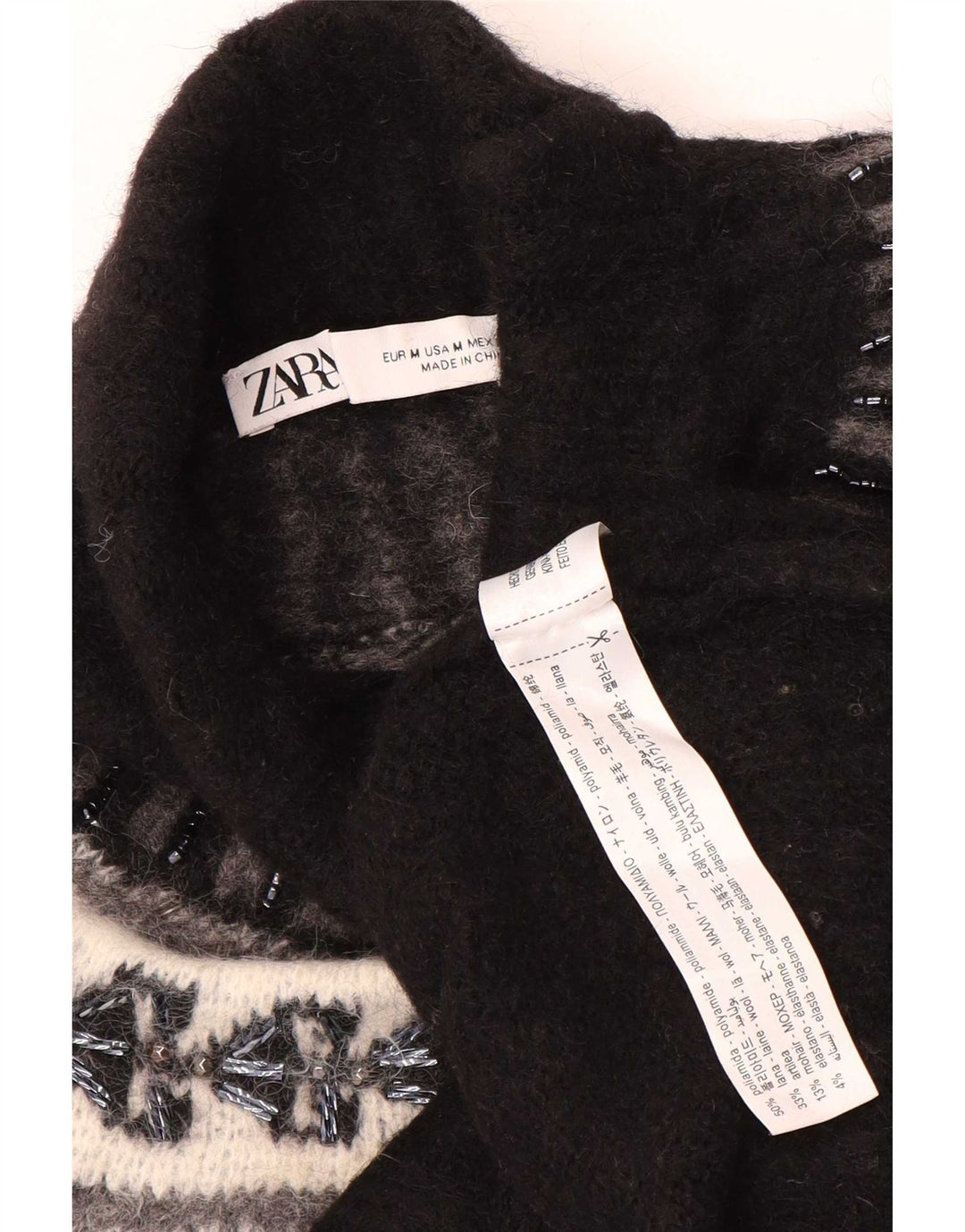 Zara γυναικείο πουλόβερ με ρολό λαιμόκοψη UK 14 Medium Black Fair Isle Polyamide