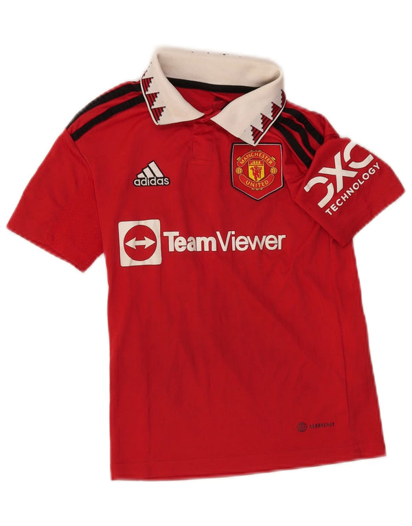 ADIDAS Boys Manchester United Graphic Polo 7-8 Years Red Colourblock
