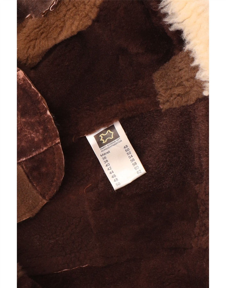 VINTAGE Γυναικείο Shearling Gilet EU 36 Μικρό Καφέ Δέρμα Patchwork