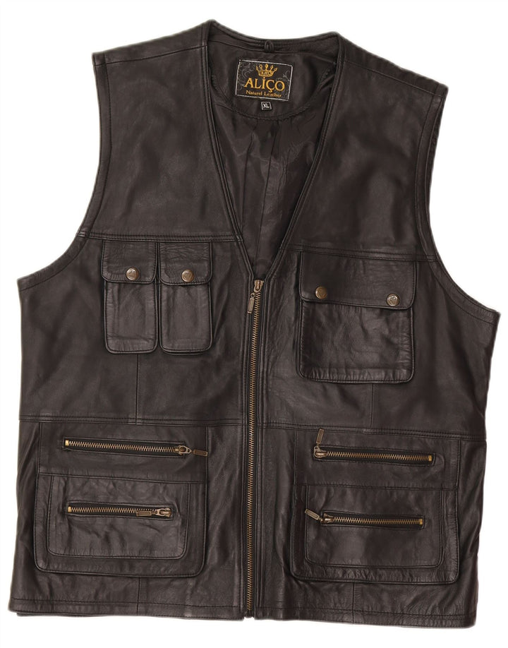 Vintage Ανδρικό Δερμάτινο Gilet UK 42 XL Μαύρο Δέρμα