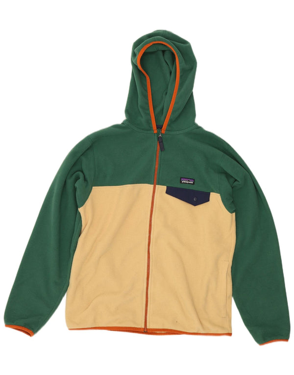 Patagonia Boys Hooded Fleece Jacket 13-14 Years XL Green Colourblock