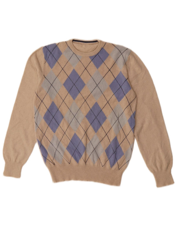 Vintage γυναικείο πουλόβερ με λαιμόκοψη UK 8 Small Beige Argyle/Diamond