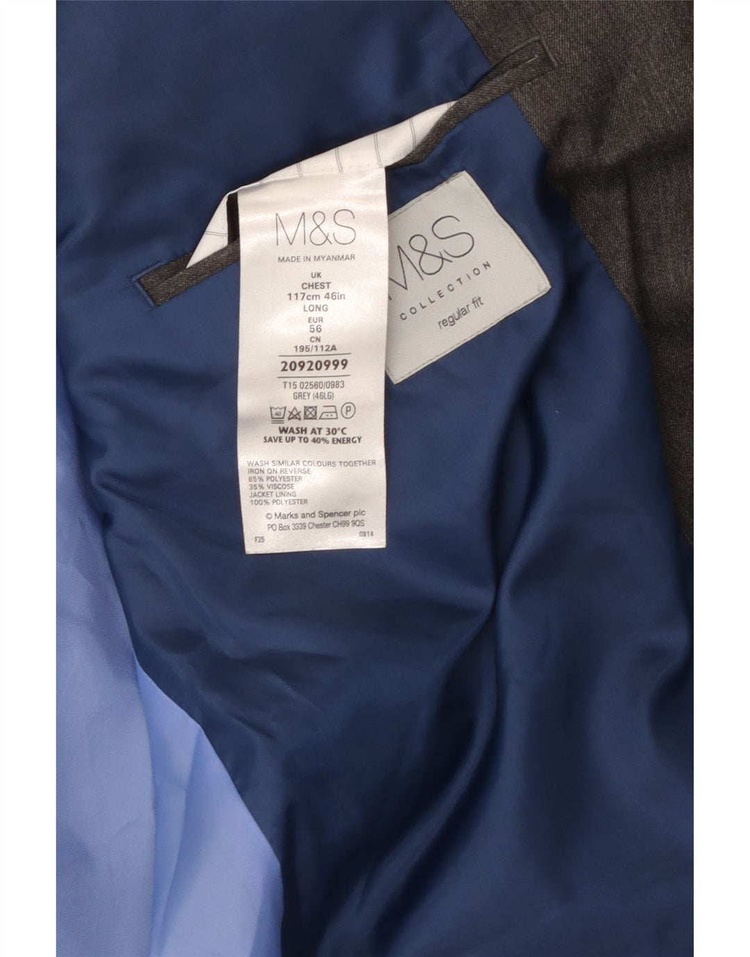 MARKS & SPENCER Ανδρικό μπουφάν μπλέιζερ με 2 κουμπιά κανονική εφαρμογή UK 46 XL Γκρι