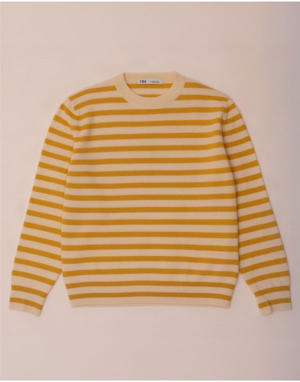 Zara Womens Crew Neck Jumper Sweater UK 14 Medium Yellow Striped Polyamide