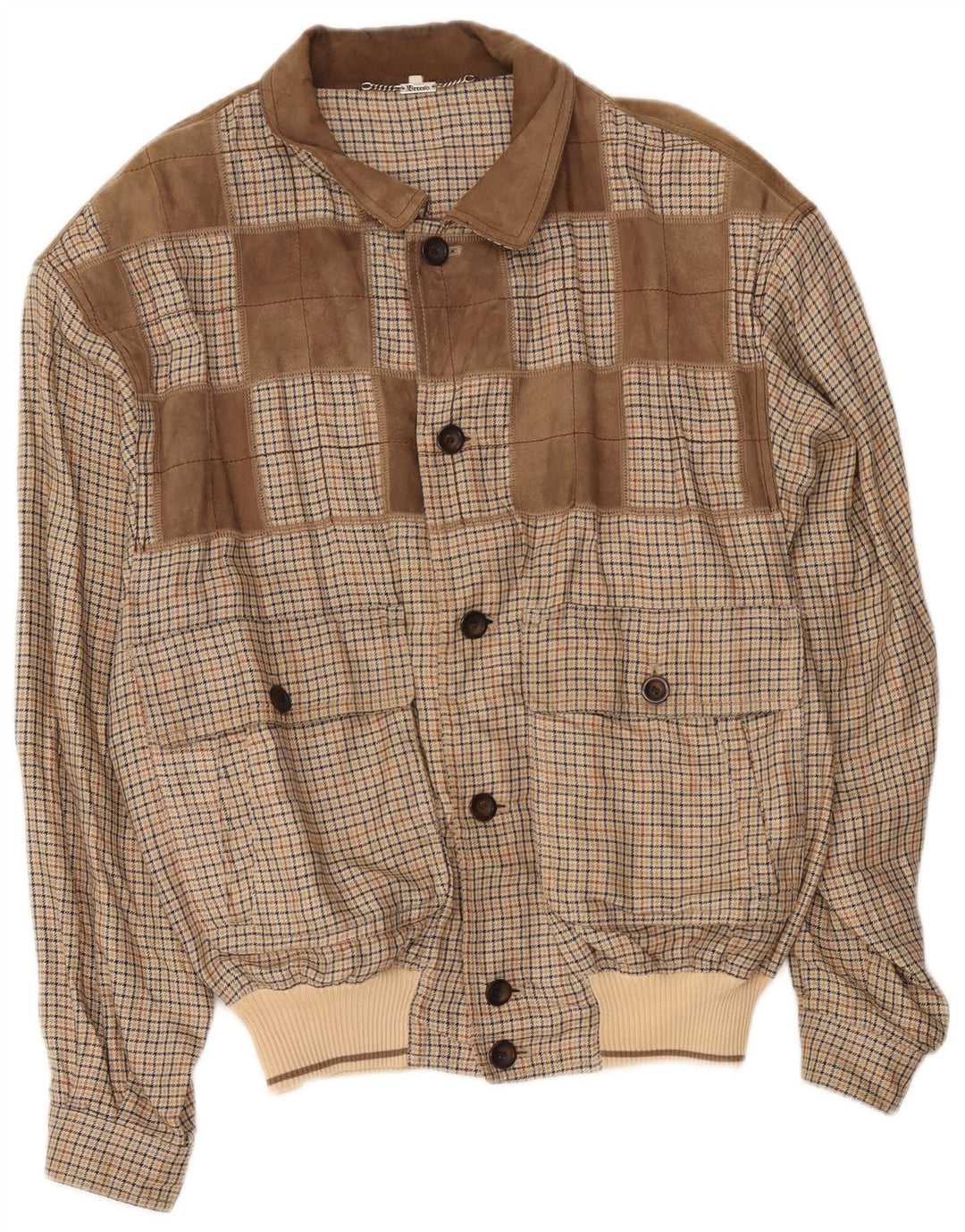 Breco's Mens Bomber Jacket IT 52 XL Brown Houndstooth Cotton