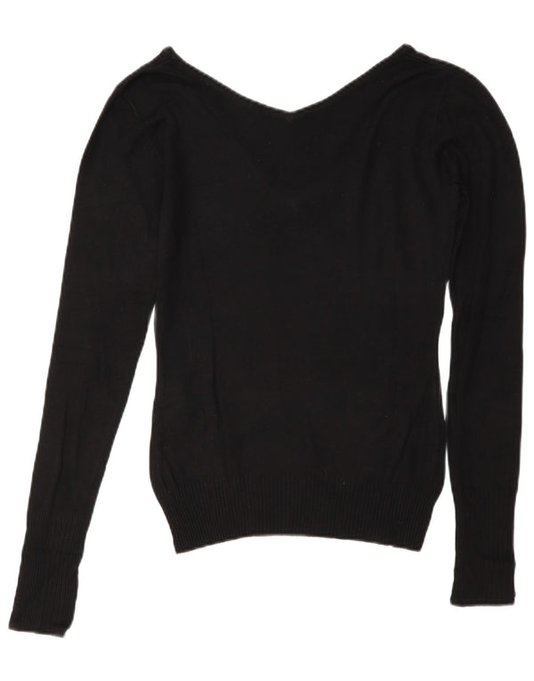 Guess Womens Graphic V-Neck Jumper Sweater UK 10 Small Black Viscose