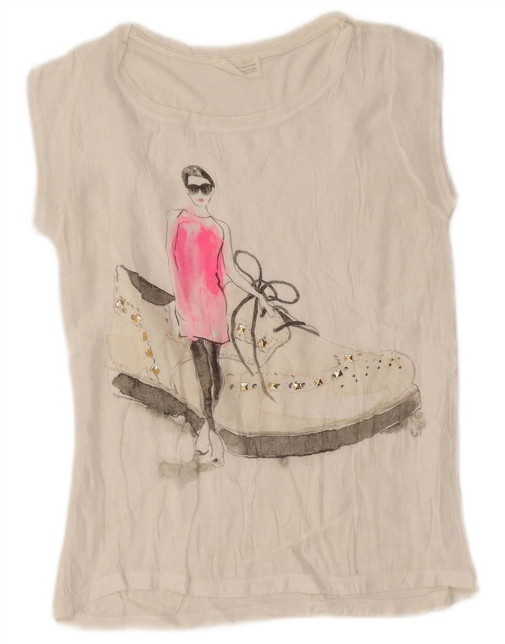Zara Γυναικείο γραφικό T-Shirt Top UK 10 Small White