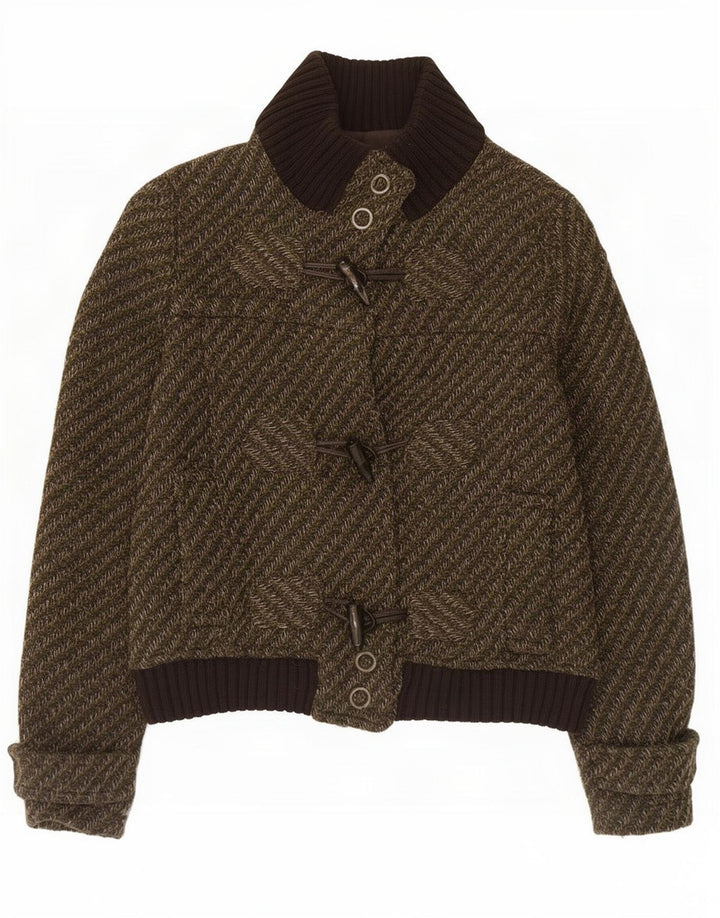 Zara Γυναικείο Duffle Bomber Jacket UK 14 Μεγάλο Χακί ριγέ μαλλί