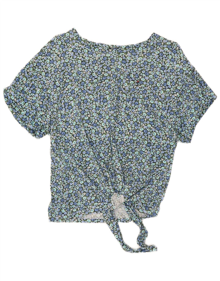 TOMMY HILFIGER Γυναικεία Crop Μπλούζα Τοπ UK 10 Small Blue Floral Βαμβακερό