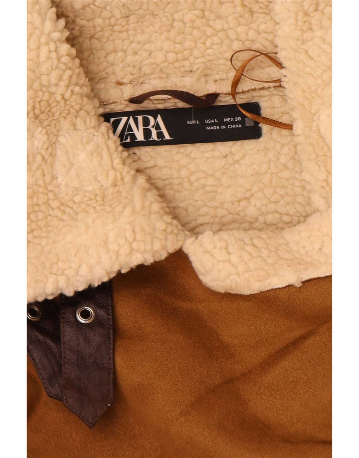 Zara Γυναικείο μπουφάν Sherpa UK 16 Large Brown Πολυεστέρας