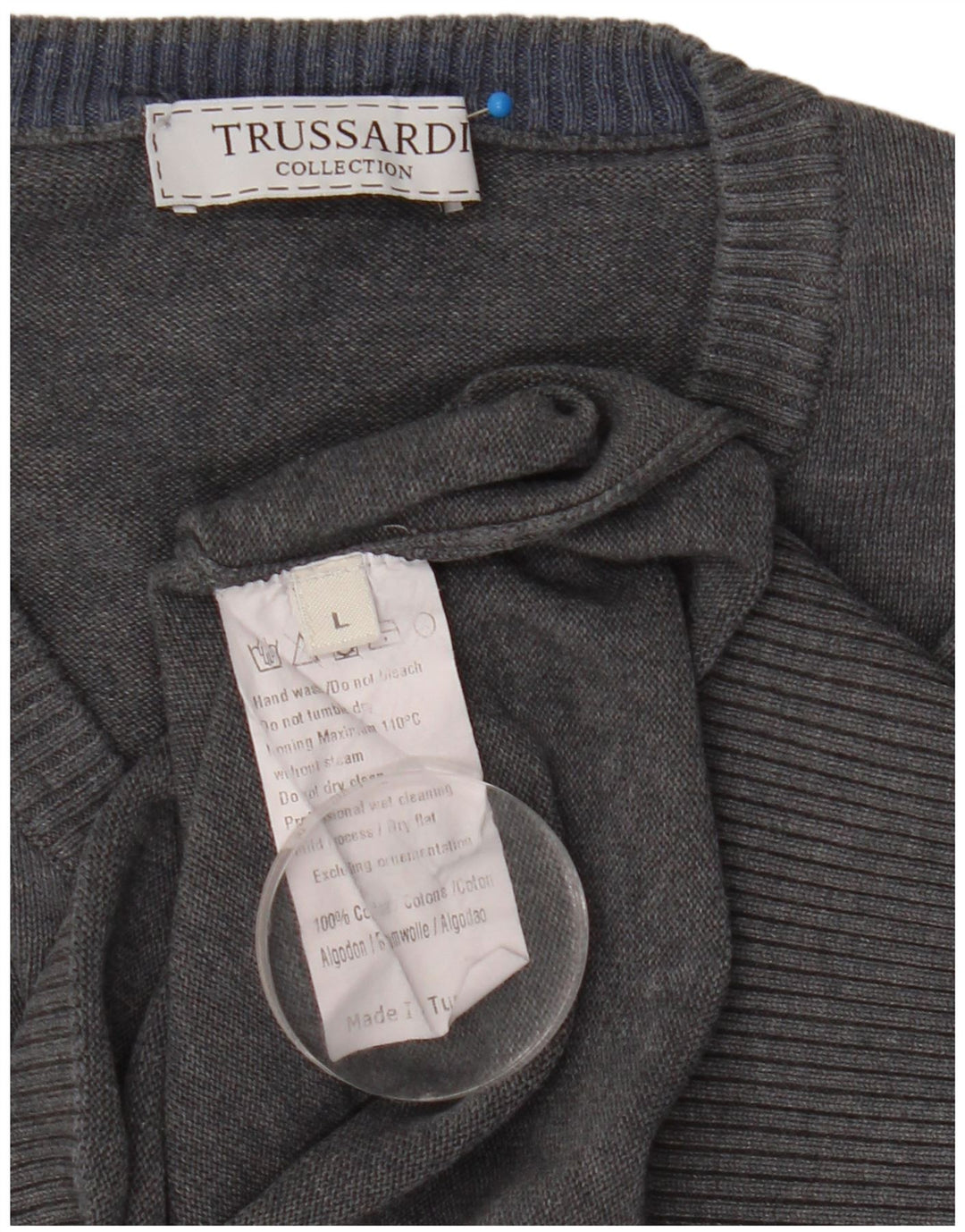 Ανδρικό πουλόβερ Trussardi με V λαιμόκοψη, μεγάλο γκρι βαμβακερό