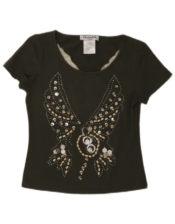 Γυναικείο γραφικό T-Shirt Christian Dior Top UK 14 Medium Khaki Butterfly