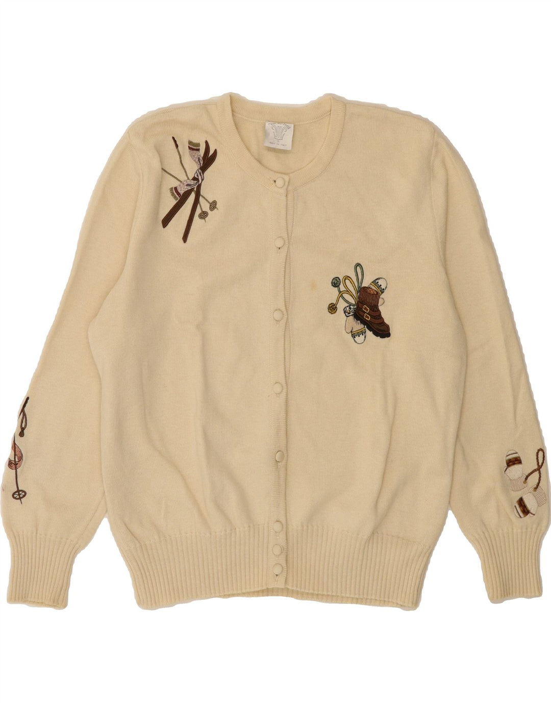 VINTAGE Womens Graphic Cardigan Sweater UK 14 Medium Off White Wool Vintage Vintage and Second-Hand Vintage from Messina Hembry 