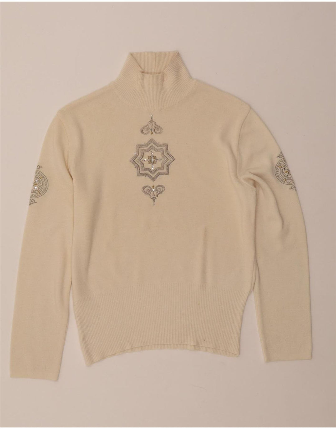 BOGNER Γυναικείο πουλόβερ με λαιμό χελώνα UK 16 μεγάλο μπεζ μαλλί Paisley