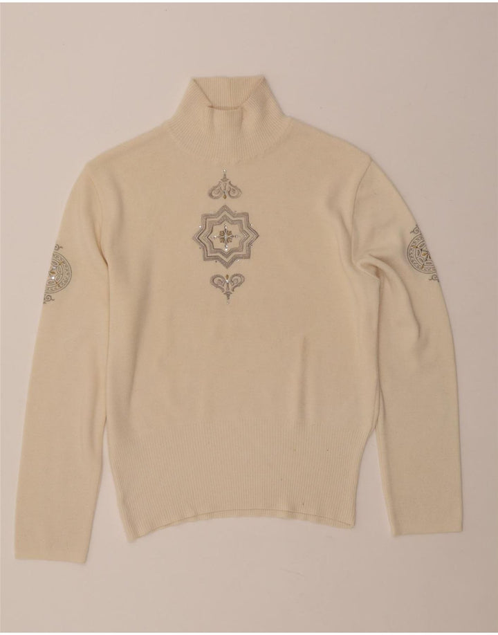 BOGNER Γυναικείο πουλόβερ με λαιμό χελώνα UK 16 μεγάλο μπεζ μαλλί Paisley