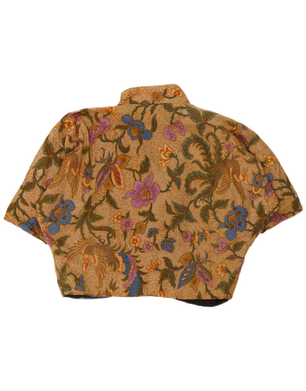 VINTAGE Γυναικείο κοντομάνικο μπολερό τοπ UK 20 2XL καφέ φλοράλ βαμβακερό