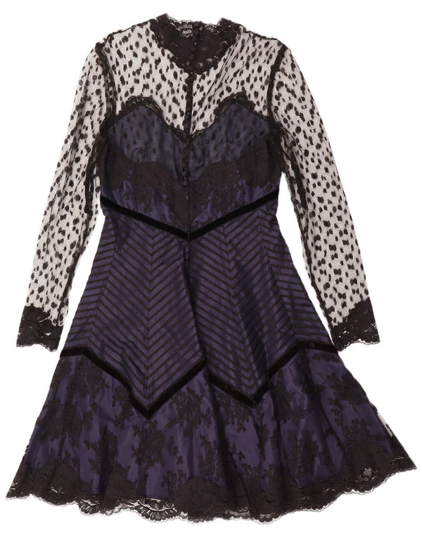 Vintage γυναικείο μακρυμάνικο φόρεμα A-line UK 10 Small Navy Blue Floral Gothic