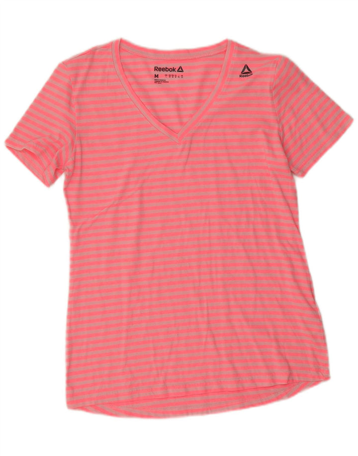 Reebok Γυναικείο T-Shirt Top UK 12 Medium Pink ριγέ πολυεστέρας