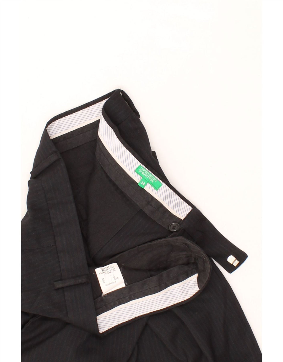 BENETTON Mens Straight Suit Trousers W34 L27 Black Striped Polyester Vintage Benetton and Second-Hand Benetton from Messina Hembry 
