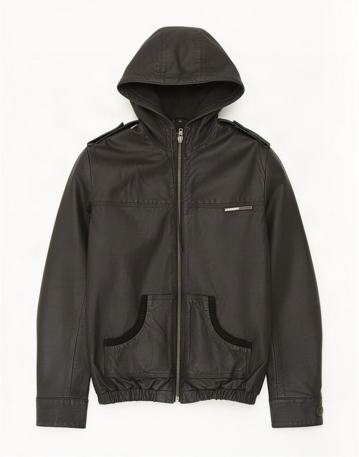 Ανδρικό δερμάτινο μπουφάν με κουκούλα Superdry UK 38 Medium Black