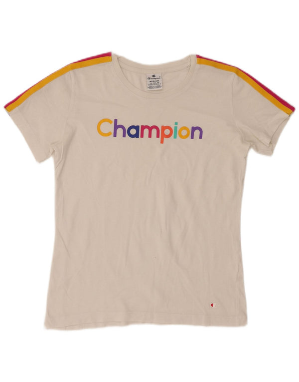 Champion Γυναικείο γραφικό T-Shirt Top UK 12 Medium White Colourblock