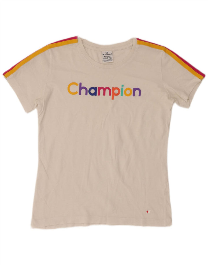 Champion Γυναικείο γραφικό T-Shirt Top UK 12 Medium White Colourblock
