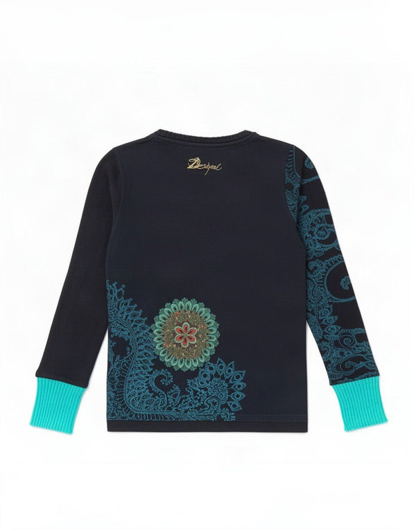 Desigual Γυναικείο γραφικό τοπ μακρυμάνικο UK 14 Medium Navy Blue Floral