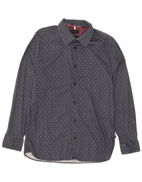 Ted Baker Ανδρικό πουκάμισο Slim Fit Μέγεθος 4 Μεγάλο Navy Blue γεωμετρικό βαμβάκι
