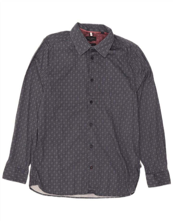 Ted Baker Ανδρικό πουκάμισο Slim Fit Μέγεθος 4 Μεγάλο Navy Blue γεωμετρικό βαμβάκι