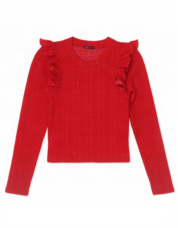 Zara Γυναικείο Crop Ruffle Μπροστινό Μακρυμάνικο UK 8 Small Red