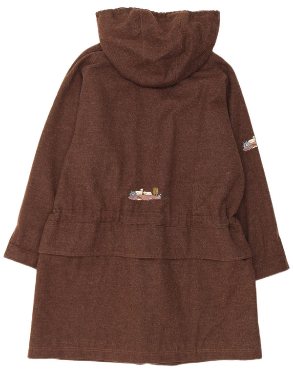 Vintage Womens Oversized Graphic Hooded Parka Jacket UK 10 Small Brown Wool
