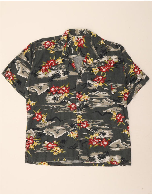 VINTAGE Mens Short Sleeve Shirt Size 43/44 XL Grey Floral Cotton Hawaiian