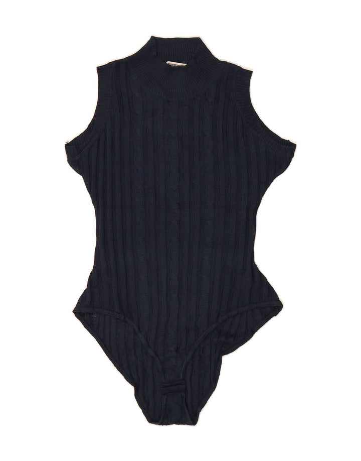 LE DONNE Womens Knit Bodysuit UK 12 Medium Navy Blue Viscose Vintage Le Donne and Second-Hand Le Donne from Messina Hembry 