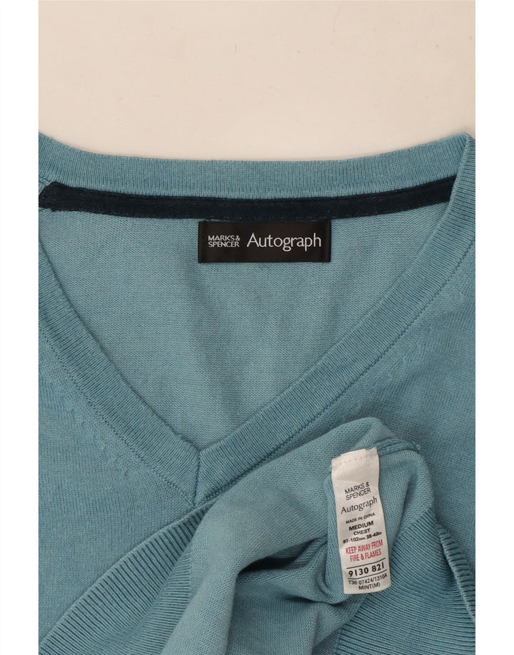 Ανδρικό πουλόβερ Marks & Spencer Autograph με λαιμόκοψη με λαιμόκοψη σε μεσαίο μπλε βαμβακερό