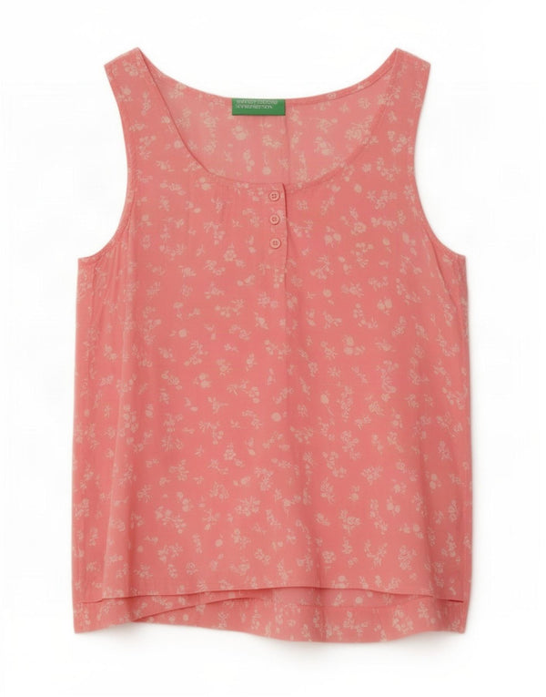 Benetton Womens Sleeveless Oversized Blouse Top UK 6 XS Pink Floral Modal