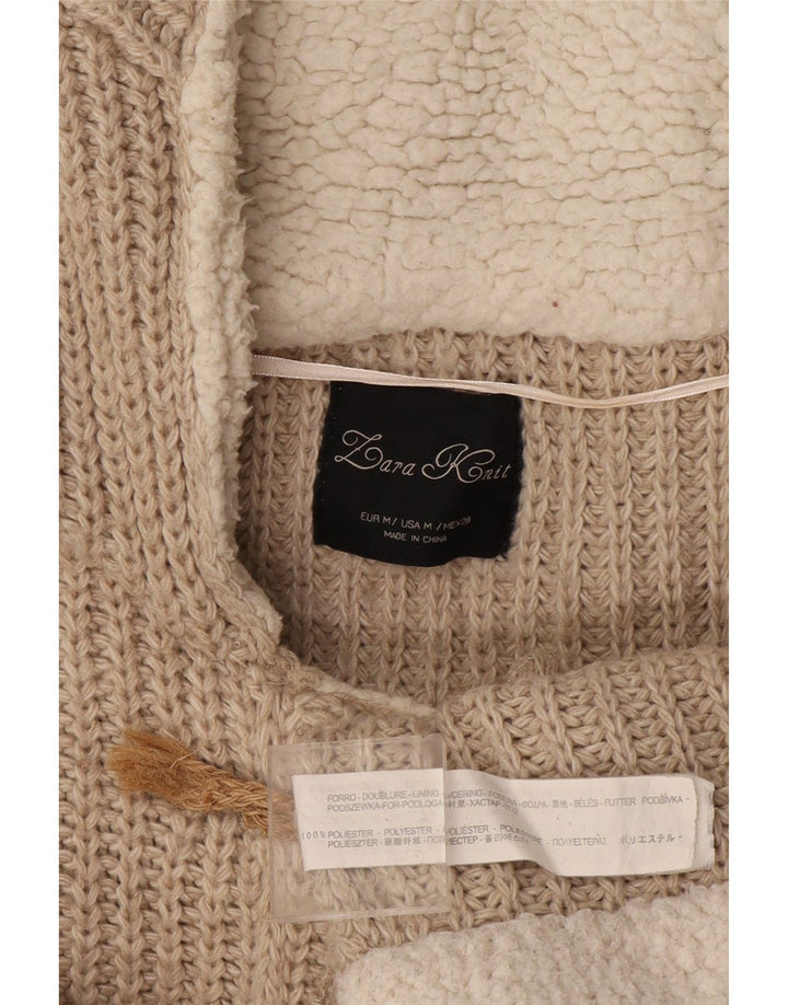 Zara Γυναικείο πουλόβερ ζακέτα με κουκούλα UK 14 Medium Beige Polyester