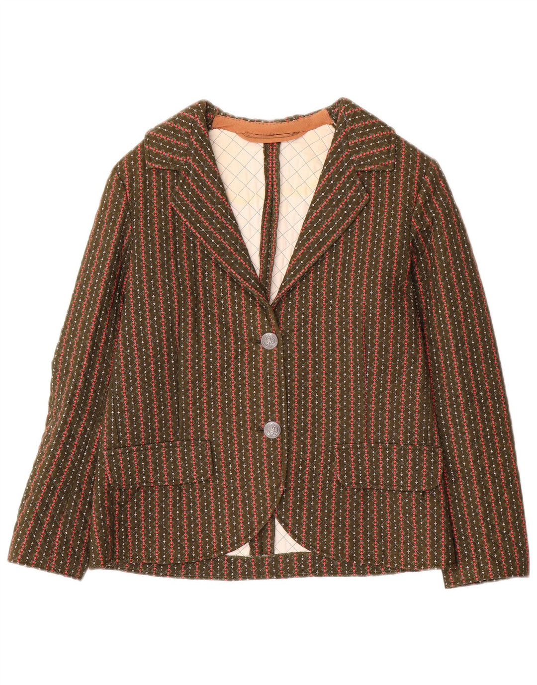 Vintage γυναικείο σακάκι 2 κουμπιών UK 8 Small Khaki ριγέ