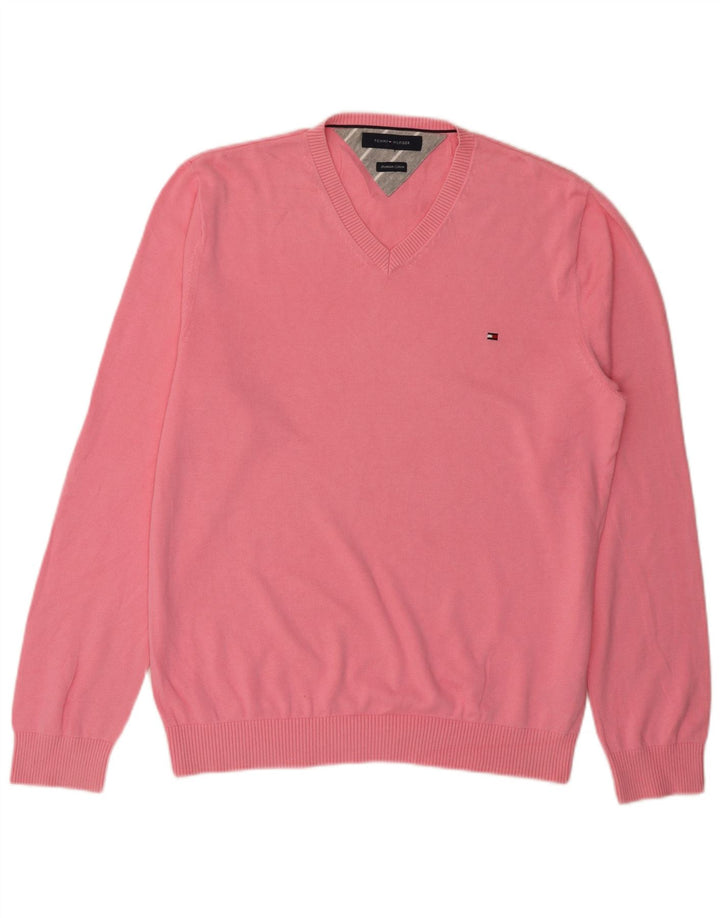 Ανδρικό πουλόβερ Tommy Hilfiger με V λαιμόκοψη, μεσαίο ροζ βαμβακερό