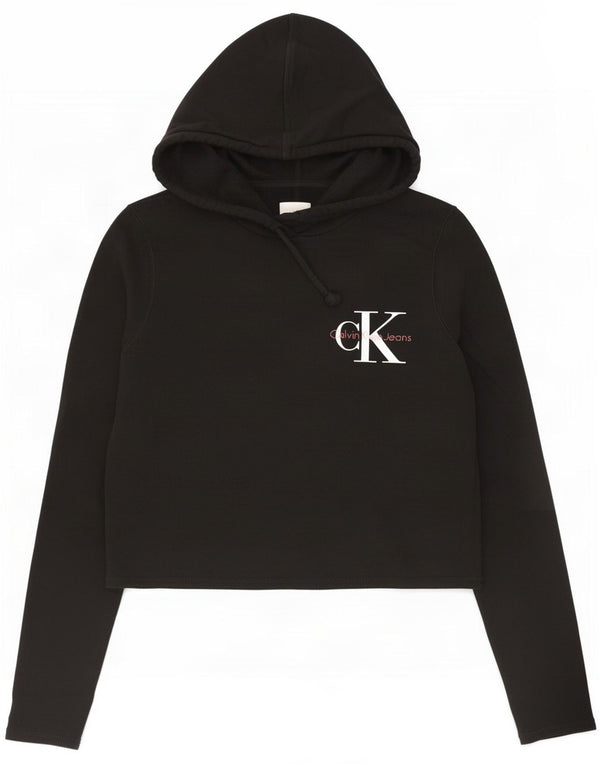 Calvin Klein Γυναικεία Crop Graphic Hoodie Jumper UK 10 Small Black Cotton