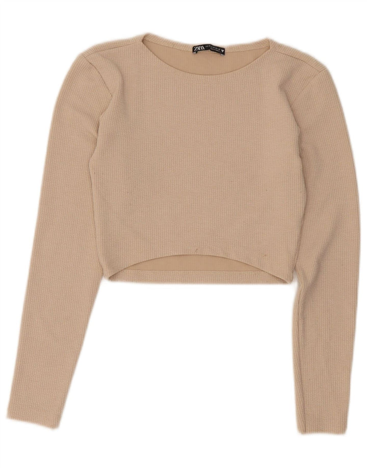 Zara Γυναικείο Crop Top Μακρυμάνικο UK 12 Medium Beige Πολυεστέρας