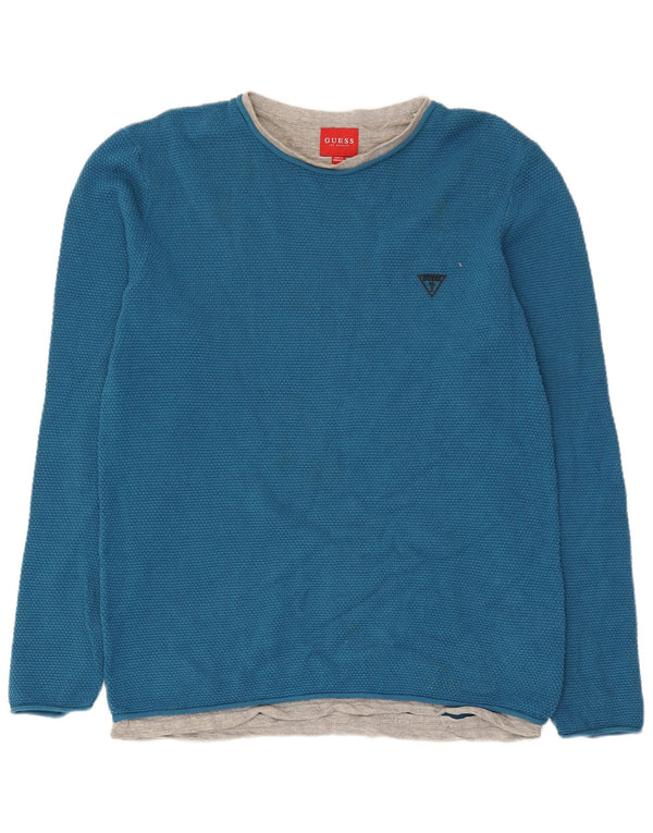 Guess Mens Top Long Sleeve Large Blue Colourblock Cotton