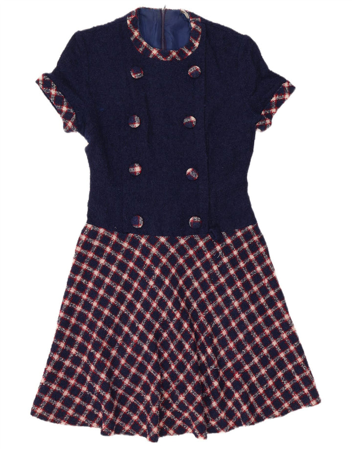 VINTAGE Γυναικείο φόρεμα A-Line UK 12 Medium Navy Blue Check